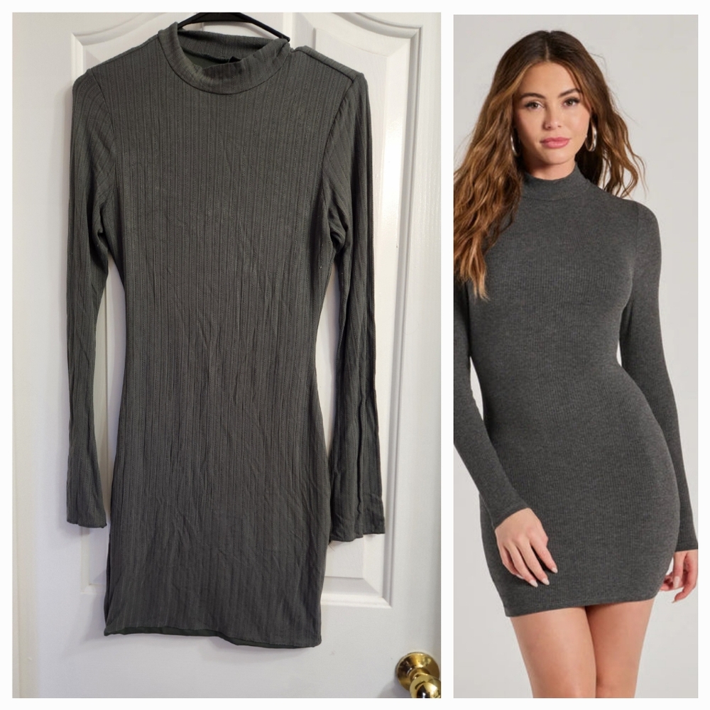 Olive/green Basic Ribbed Knit Long Sleeve Mini Dress NWOT
